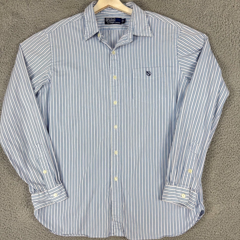 Polo Ralph Lauren Shirt Mens Large Blue Stripe Anchor Nautical Button Down Work - Picture 2 of 12